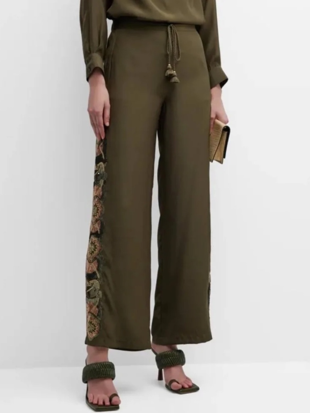 Figue Theodora Sequin Side-Stripe Straight-Leg Silk Pants